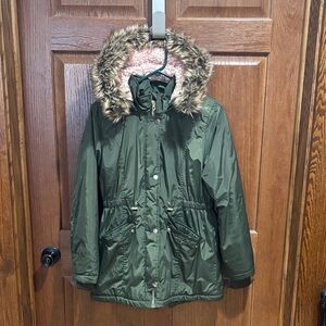 Olive Green Puffer Jacket with Faux Fur Trim